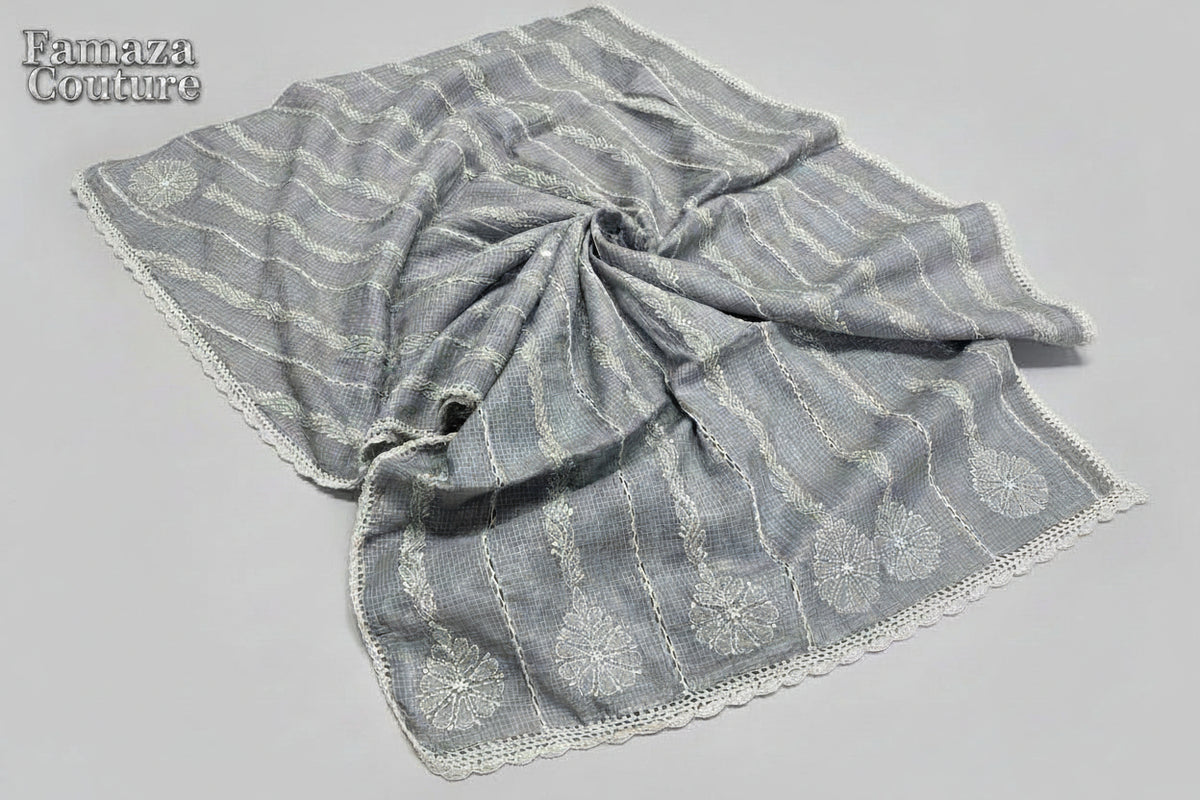 The Grey colour handcrafted Kota Doriya Chikankari Hand-embroidered duppata with white thread hand embroidery Duppata by Famaza Couture.
