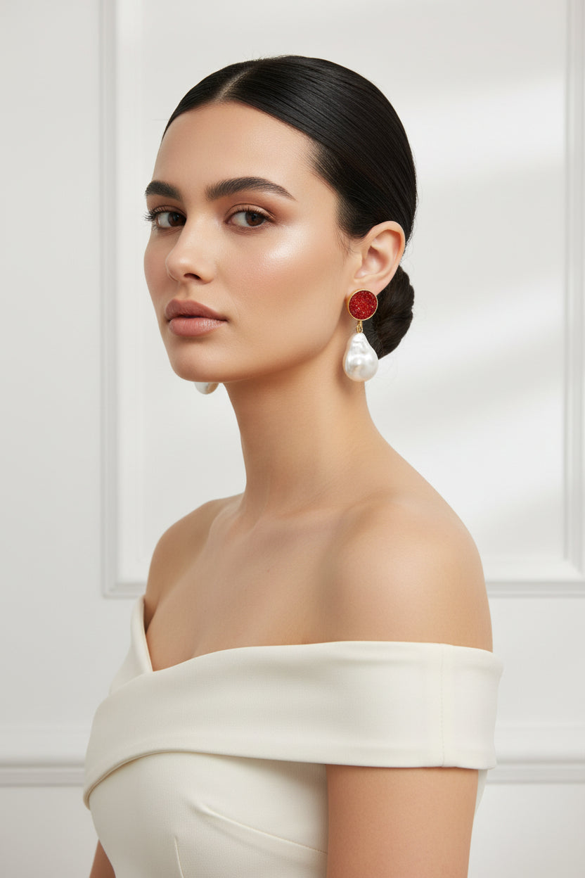 The Handcrafted Mother of Pearl and Sugar Stone Stud Earrings in Brass – Elegant Bridal and Evening Wear Jewellery for Women.