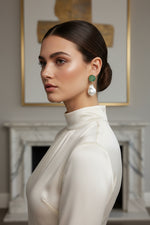 The Handcrafted Mother of Pearl and mint green Sugar Stone Stud Earrings in Brass – Elegant Bridal and Evening Wear Jewellery for Women.