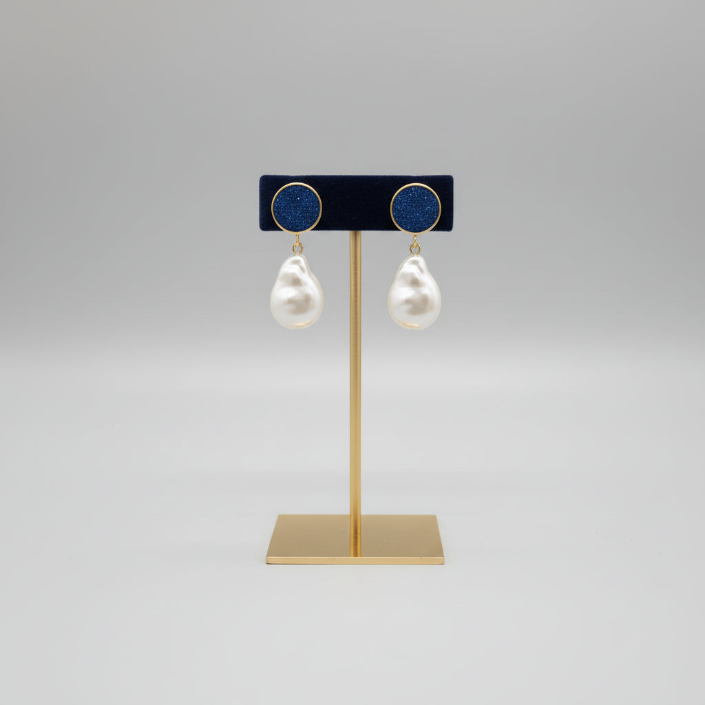 The Handcrafted Mother of Pearl and navy blue Sugar Stone Stud Earrings in Brass – Elegant Bridal and Evening Wear Jewellery for Women.