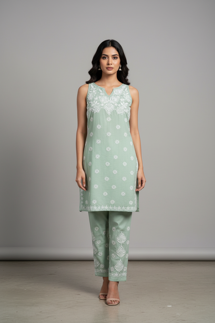 Hand-Embroidered Chikankari 2-Piece Kurti and trousers Set - Pastel Colours | Famaza Couture