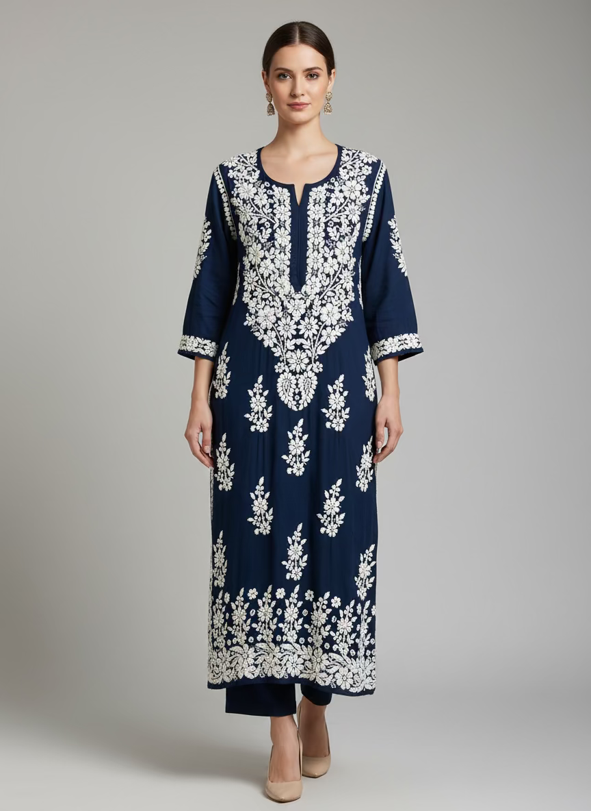 The Navy Blue colour modal fabric white chikankari embriodered long kurti