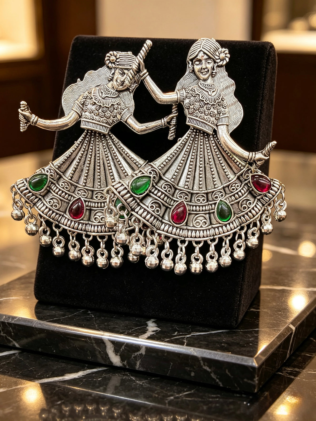 The Pair of German Silver Dandiya Navratri dancing dolls earrings