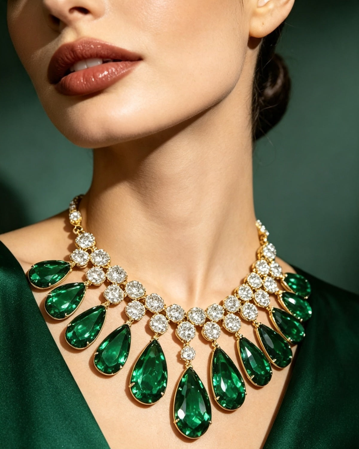 Close-up view of Emerald Cascade Teardrop Statement Necklace featuring cascading pear-shaped emerald green gemstones surrounded by brilliant round clear crystals, set in polished gold-tone finish, worn on neck against deep green background.
