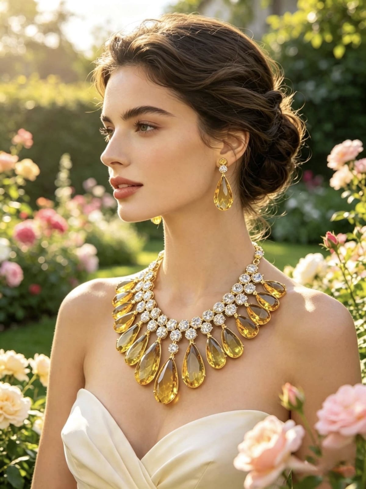 A woman in a white strapless dress wearing a dramatic gold statement necklace and matching drop earrings with large yellow teardrop gemstones, photographed outdoors in a sunlit garden with pink flowers.