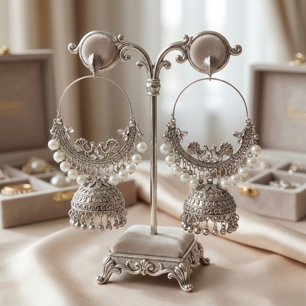 The Silver earrings with pearl accents held by a hand against a blurred natural background