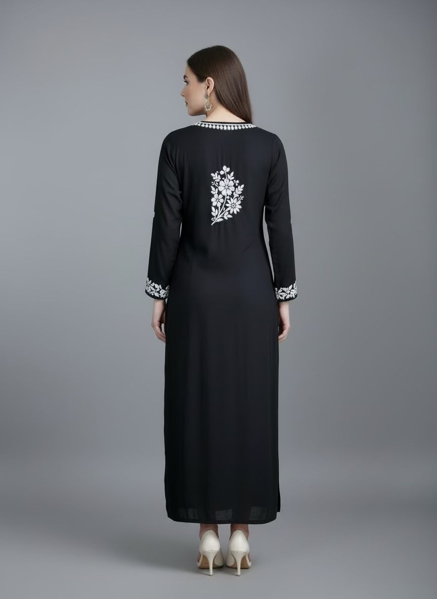 The back side design is showing in this image for this black colour modal fabric white chikankari embriodered long kurti
