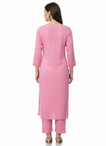 The back side design of this Baby pink colour modal fabric tone to tone hand embroidered kurti and trousers. Kurti is 46 inches long