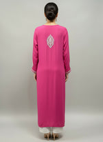 The back side desing is showing of this hot pink colour modal fabric 46 inches long kurti with white hand embroidery in a Ghass Patti pattern and booti work.