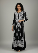 The black colour modal fabric white chikankari embriodered long kurti