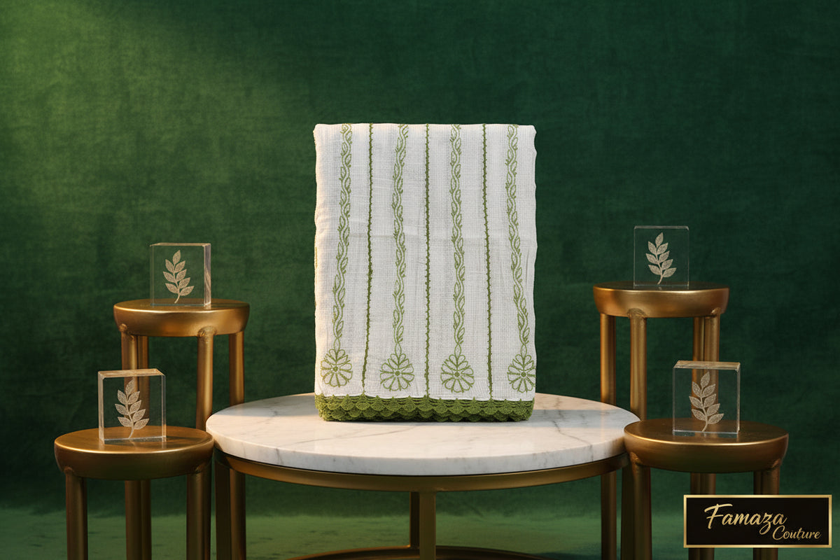 The coffee brown base colour handcrafted Kota Doriya Chikankari duppata with leaf green colour thread Hand-embroidered duppata by Famaza Couture.