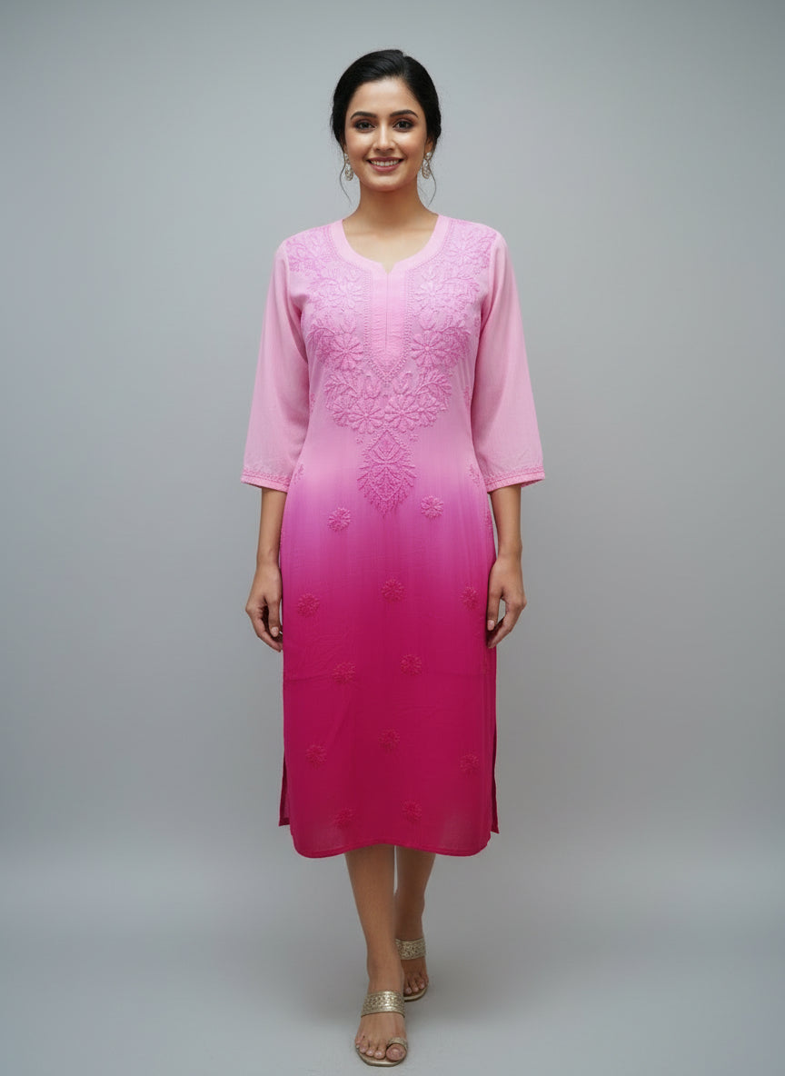 The double shaded in magenta colour long kurti in shades of with tone to tone floral hand embroidery.