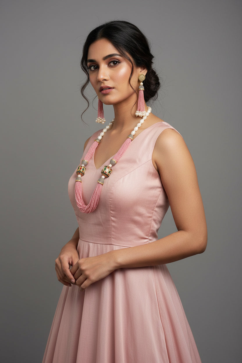 The luxurious Tanjore Art Meenakari pink beaded Mala Set featuring a bridal pearl necklace with accompanying earrings, predominantly in gold and white colours with ornate designs.