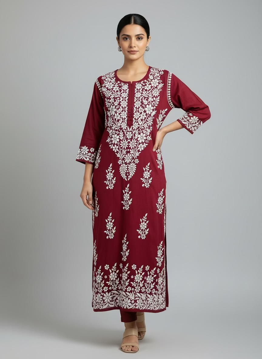 The maroon colour modal fabric with white chikankari hand embroiderylong kurti
