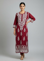 The maroon colour modal fabric with white chikankari hand embroiderylong kurti