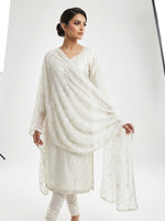 The model is displaying the white chiffon dupatta with Kashmiri aari jaal embroidery all over the dupatta