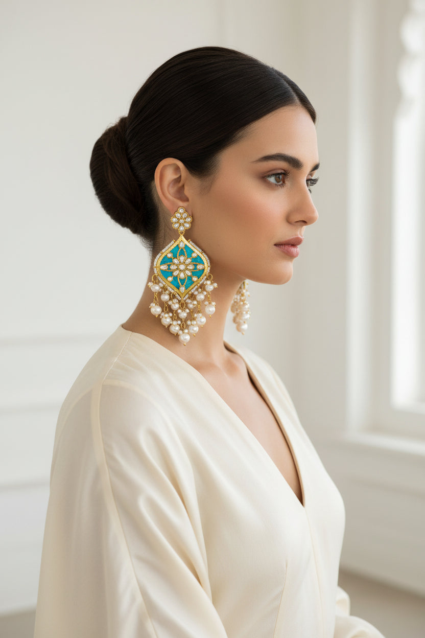 A pair of gold-plated Parul Pearl kundun earrings with intricate designs and drop-shaped pearls, displayed on a stand.