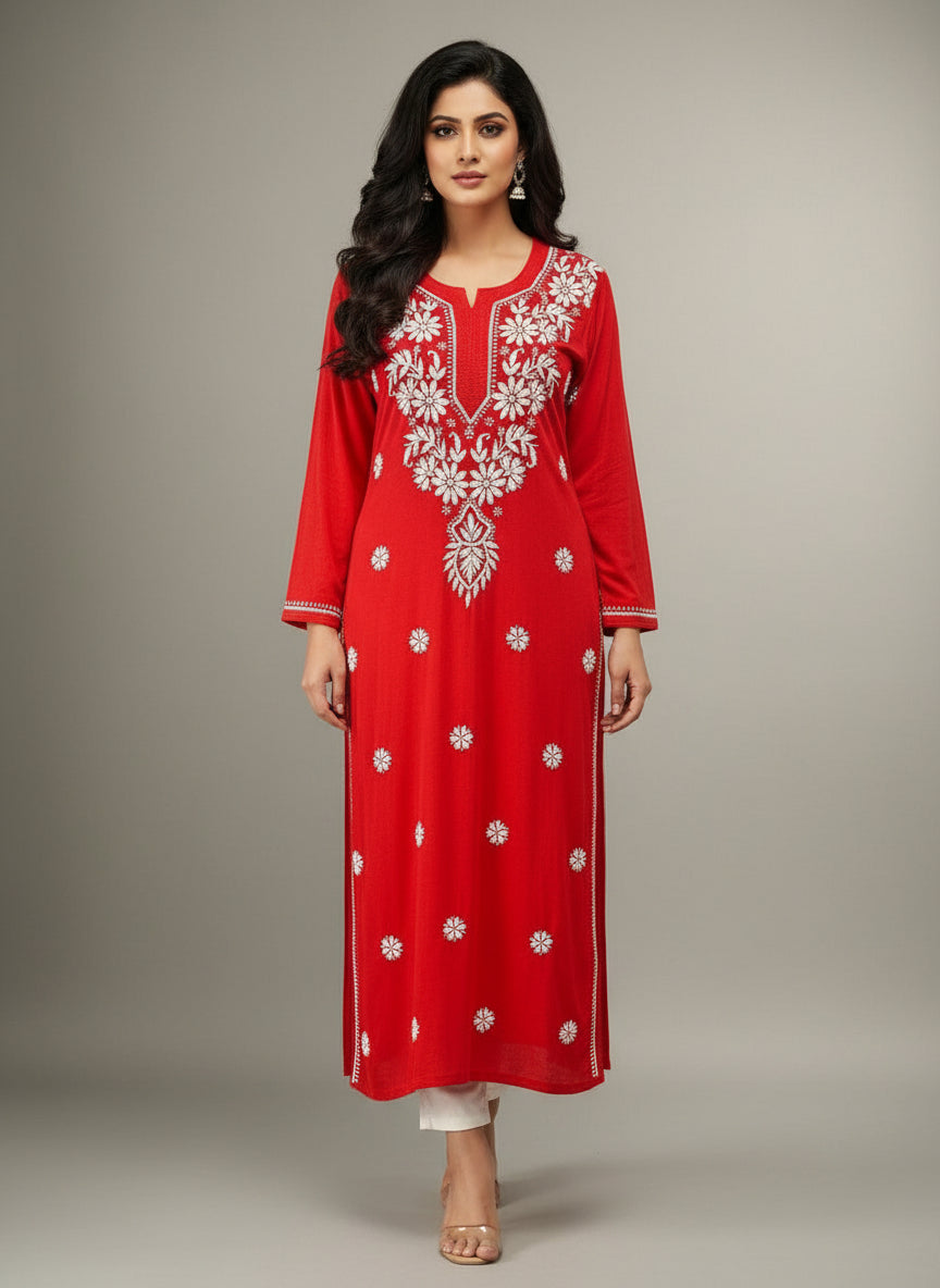 The red colour modal fabric chikankari kurti with white hand embroidery in a Ghass Patti pattern and booti work.