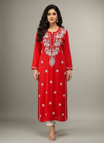 The red colour modal fabric chikankari kurti with white hand embroidery in a Ghass Patti pattern and booti work.