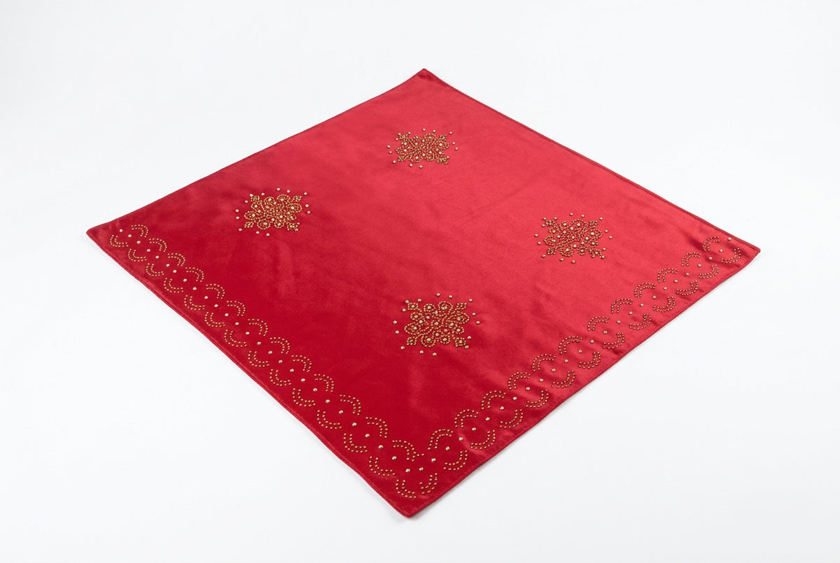 The red colour velvet fabric shawl with gold colour nano beads embellishments and intricate floral patterns.