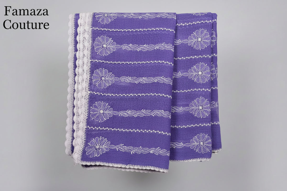 The sharp purple base colour Kota Doriya Chikankari duppata with white thread Croatia work in joining panels and white thread hand embriodery on all the panels with all four sides white thread Croatia work duppata by Famaza Couture.