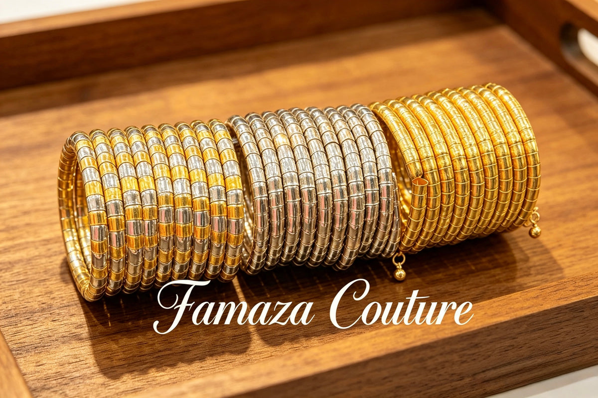 Three stacks of metallic bangles displayed on a wooden tray, featuring gold, silver, and a two-tone gold and silver design. The text 'Famaza Couture' is overlaid at the bottom.
