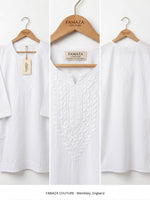 Three views of a white embroidered tunic top on wooden hangers, showing the front, back, and neckline details. The brand name 'FAMAZA COUTURE' is visible on the hangers and hangtag.