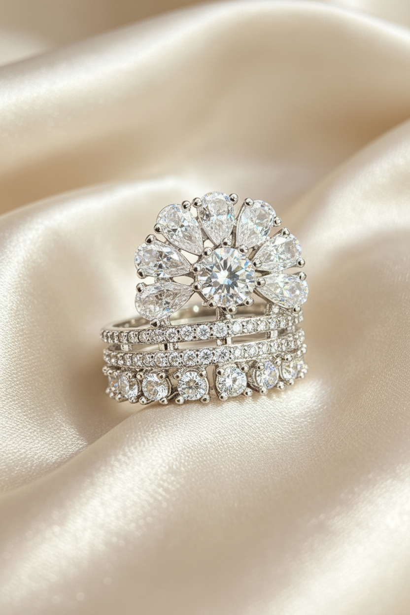 A silver-tone diamond ring set featuring a large floral cluster center stone and three rows of pavé and round diamonds, displayed on draped champagne satin fabric.