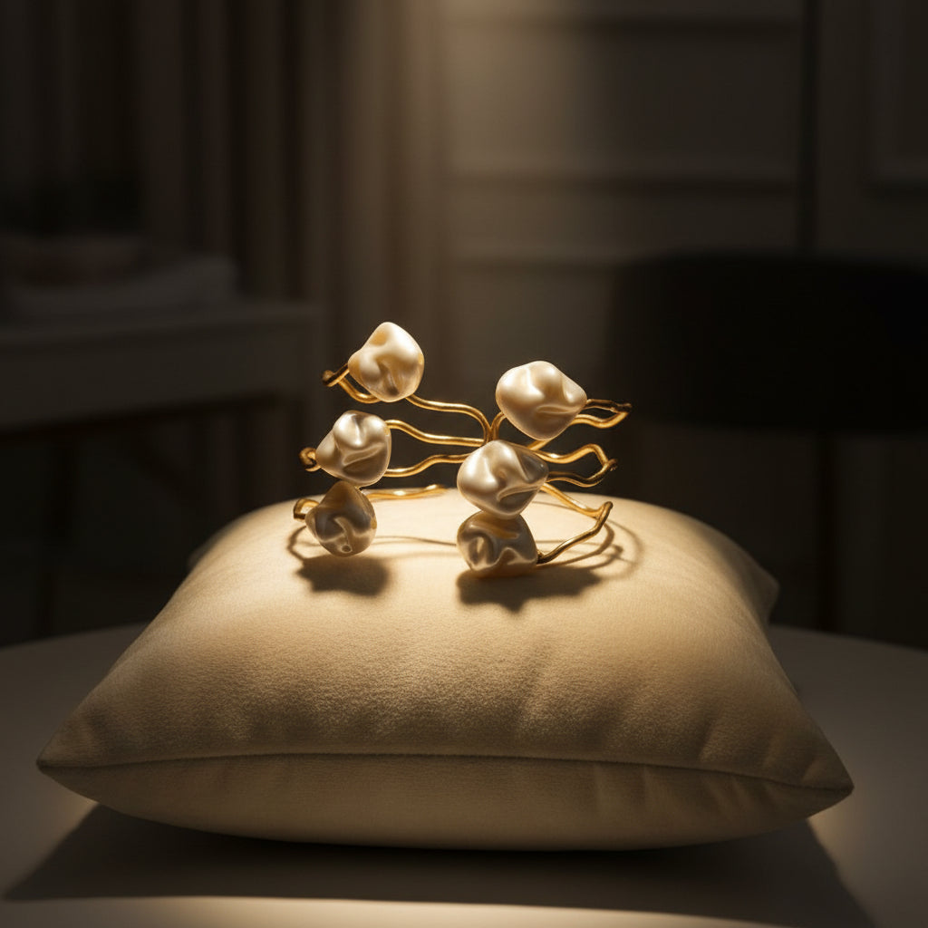 Top-down view of two Mother of Pearl inlay gold bracelets displayed on a soft grey silk cushion, highlighting the natural shell texture and gold shine.