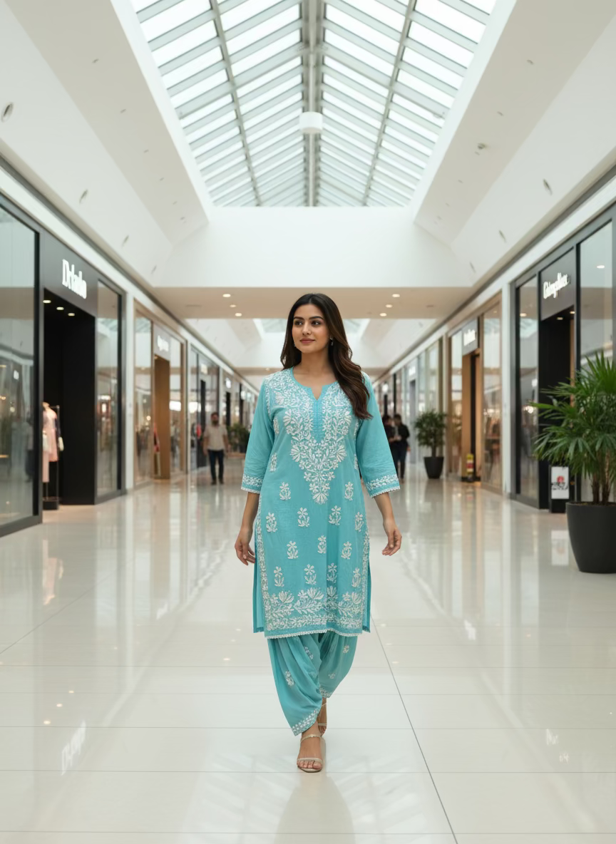 Turquoise colour cotton fabric 2pc kurti and dhoti trousers.