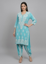 Turquoise colour cotton fabric kurti and dhoti trousers.