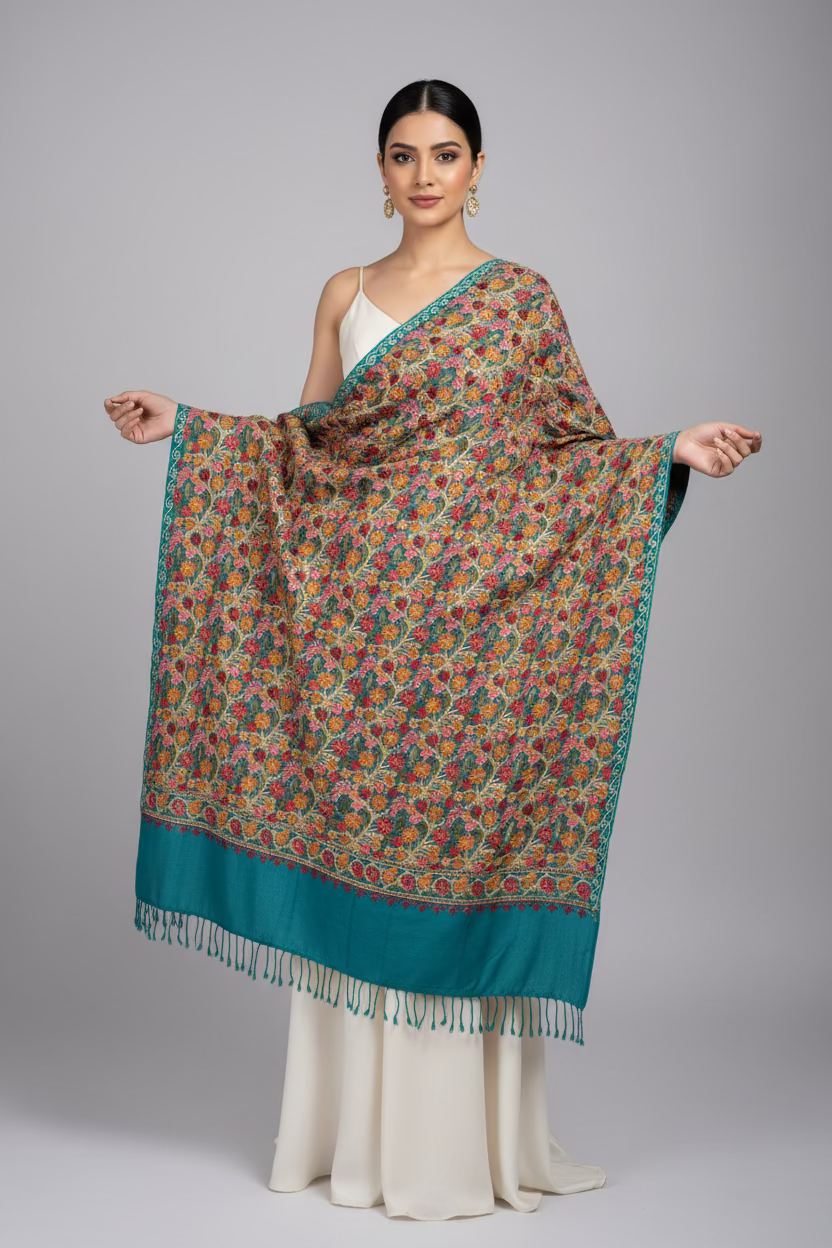 Turquoise colour embroidered scarf with multi coloured embroidered.