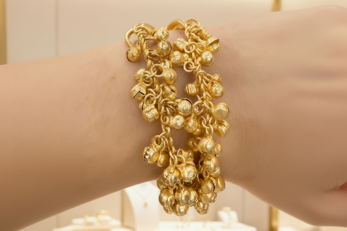 Two Gold plated brass adjustable bracelet with multiple mini golden bells