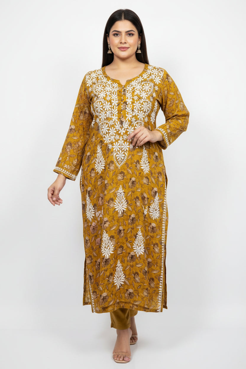 UK plus size mustard colour floral printed plus size long kurti with white hand embroidery is displayed