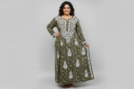 UK plus size olive green colour floral printed plus size long kurti with white hand embroidery is displayed