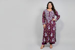 UK plus size plum colour floral printed plus size long kurti with white hand embroidery is displayed