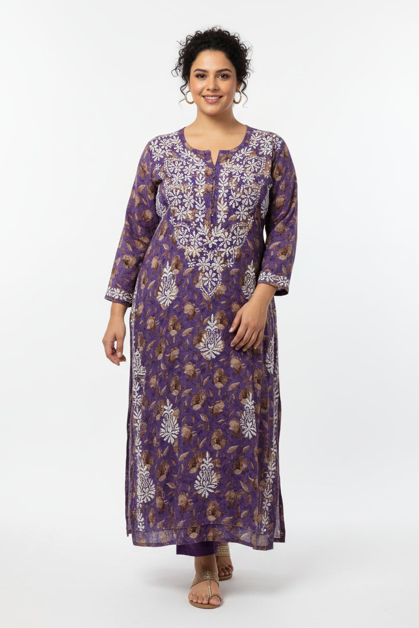 UK plus size purple colour floral printed plus size long kurti with white hand embroidery is displayed