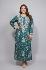UK plus size teal blue colour floral printed plus size long kurti with white hand embroidery is displayed