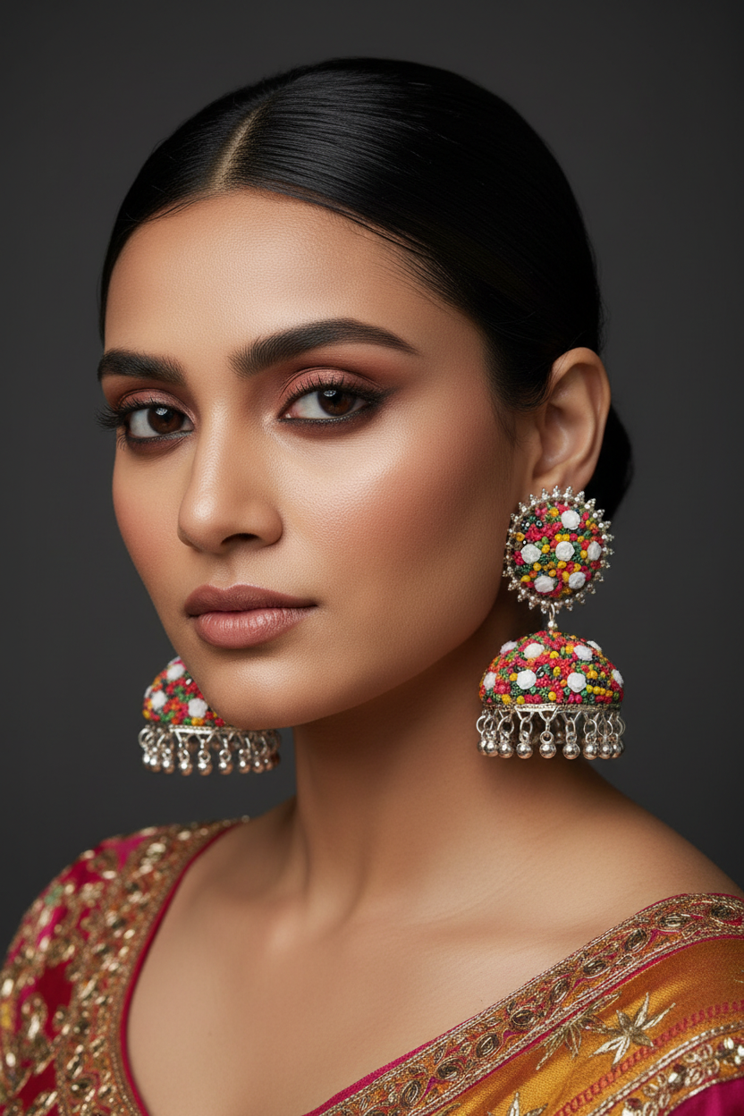 A close-up portrait of a woman wearing large, ornate Indian jhumka earrings with multicolored stones and silver dangling elements, paired with a red and gold embroidered sari against a dark gray background.
