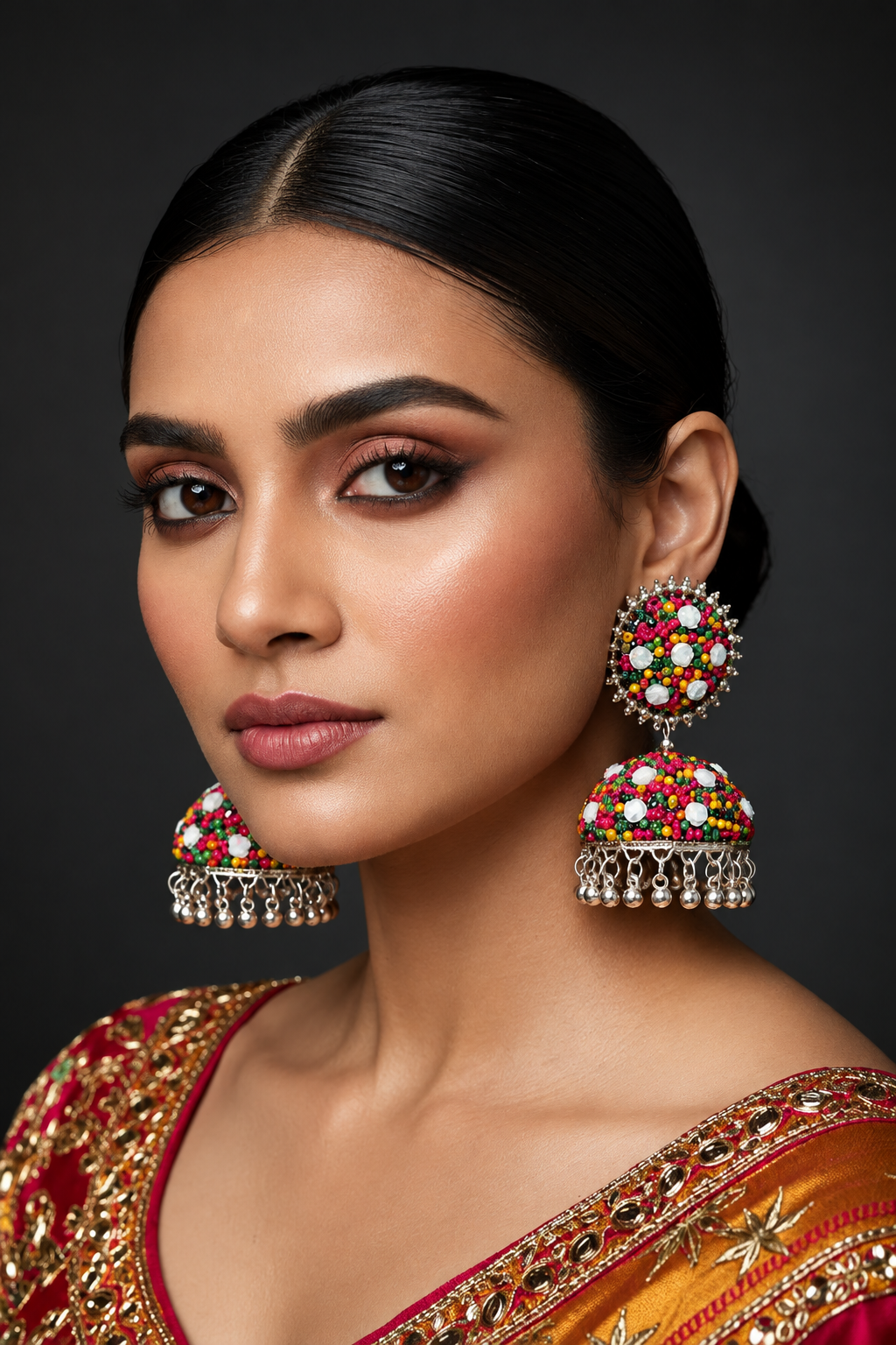 A close-up portrait of a woman wearing large, ornate Indian jhumka earrings with multicolored stones and silver dangling elements, paired with a red and gold embroidered sari against a dark gray background.