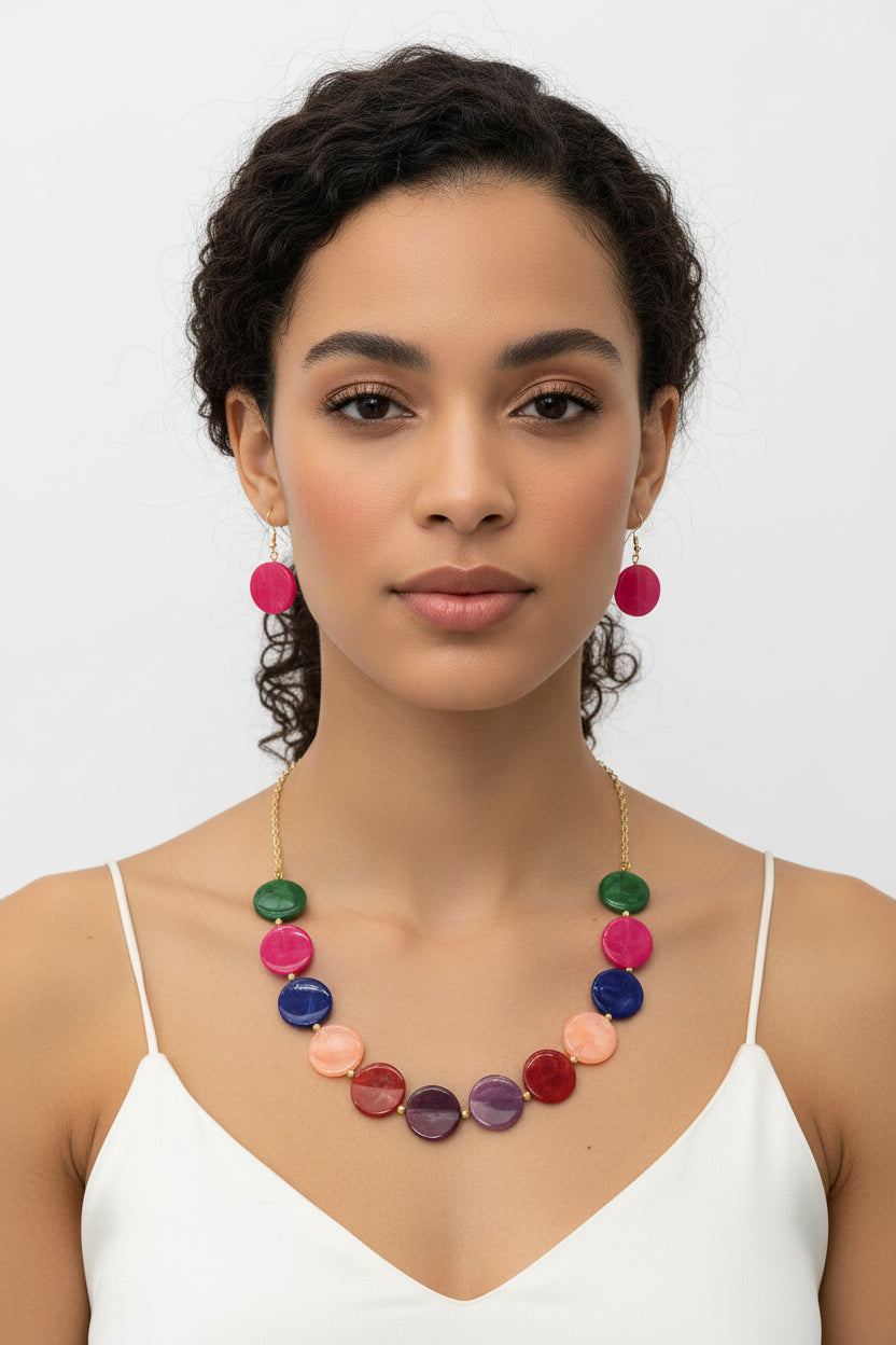 Vibrant Multicolour Statement Necklace Set – Bold Fashion Jewellery with hot pink dis and golden hook on top part Earrings