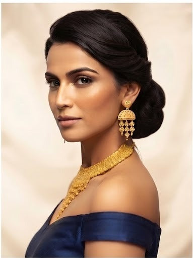 Posh model wearing the Wareesha Heritage Gold-Plated Filigree Statement Jewelry Set by Famaza Couture.