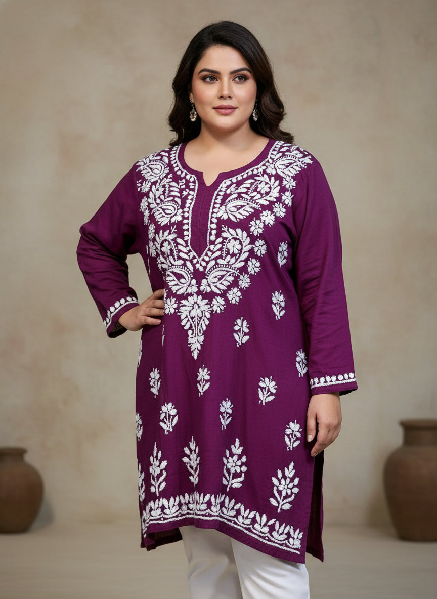 plus size purple colour chikankari short length kurti