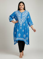 plus size blue colour chikankari short length kurti