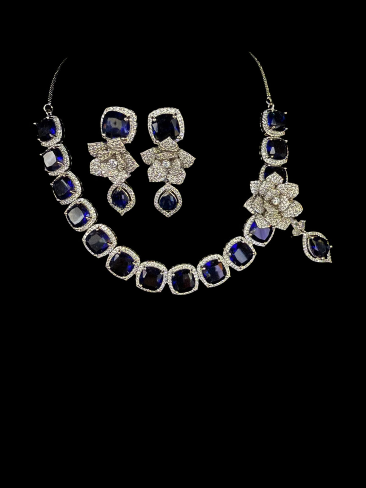 American Diamond Necklace/Earrings Set with 3D Floral elements