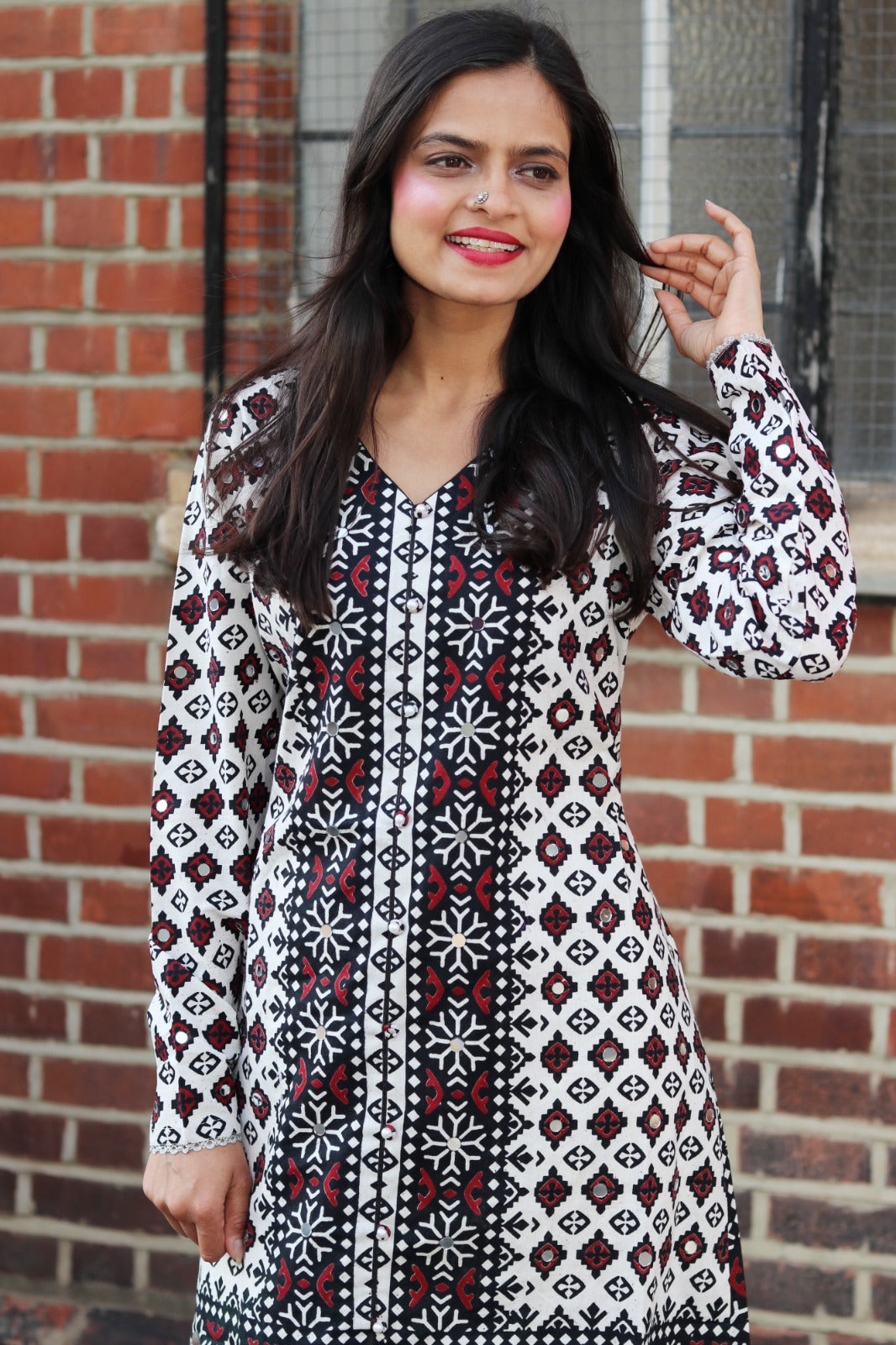 Traditional Ajrak Sindhi Kurta/Dress - Maroon/White