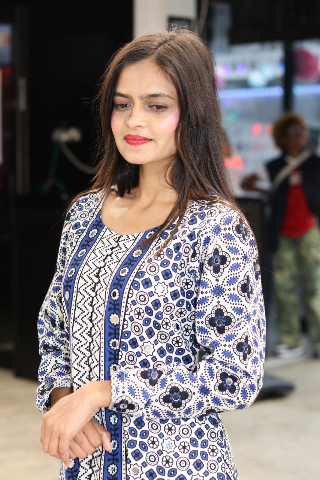 Traditional Ajrak Sindhi Kurta/Dress - Blue/White