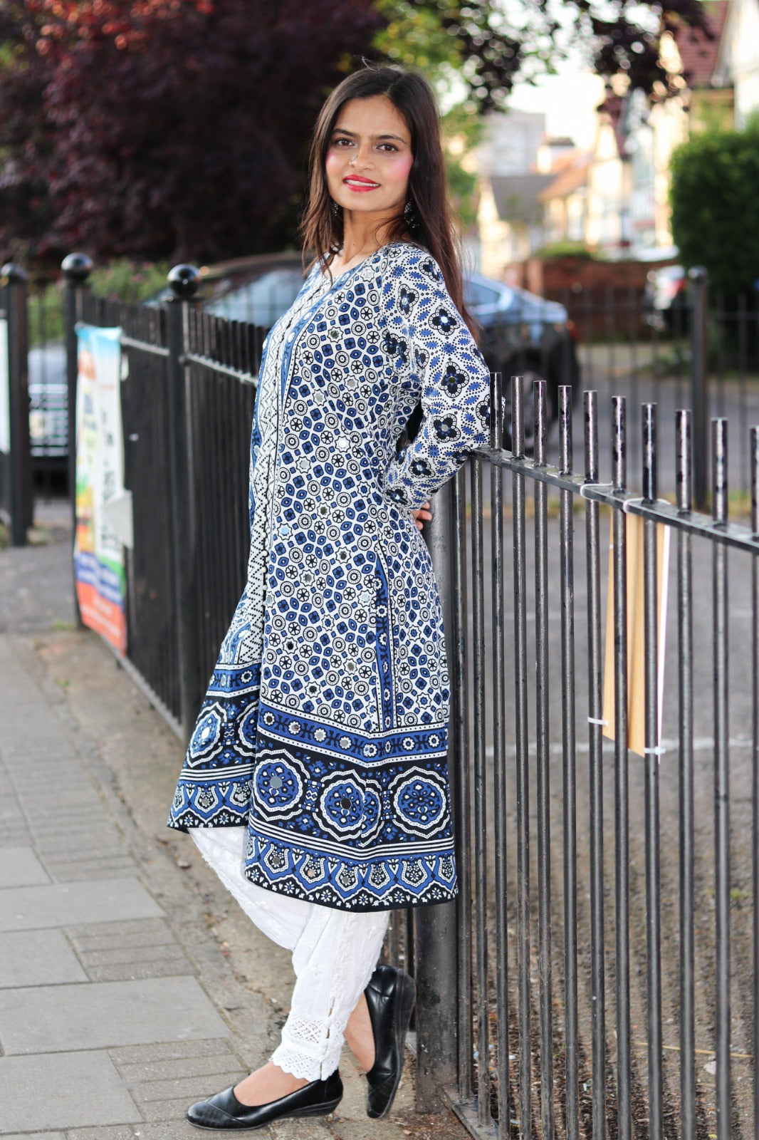 Traditional Ajrak Sindhi Kurta/Dress - Blue/White