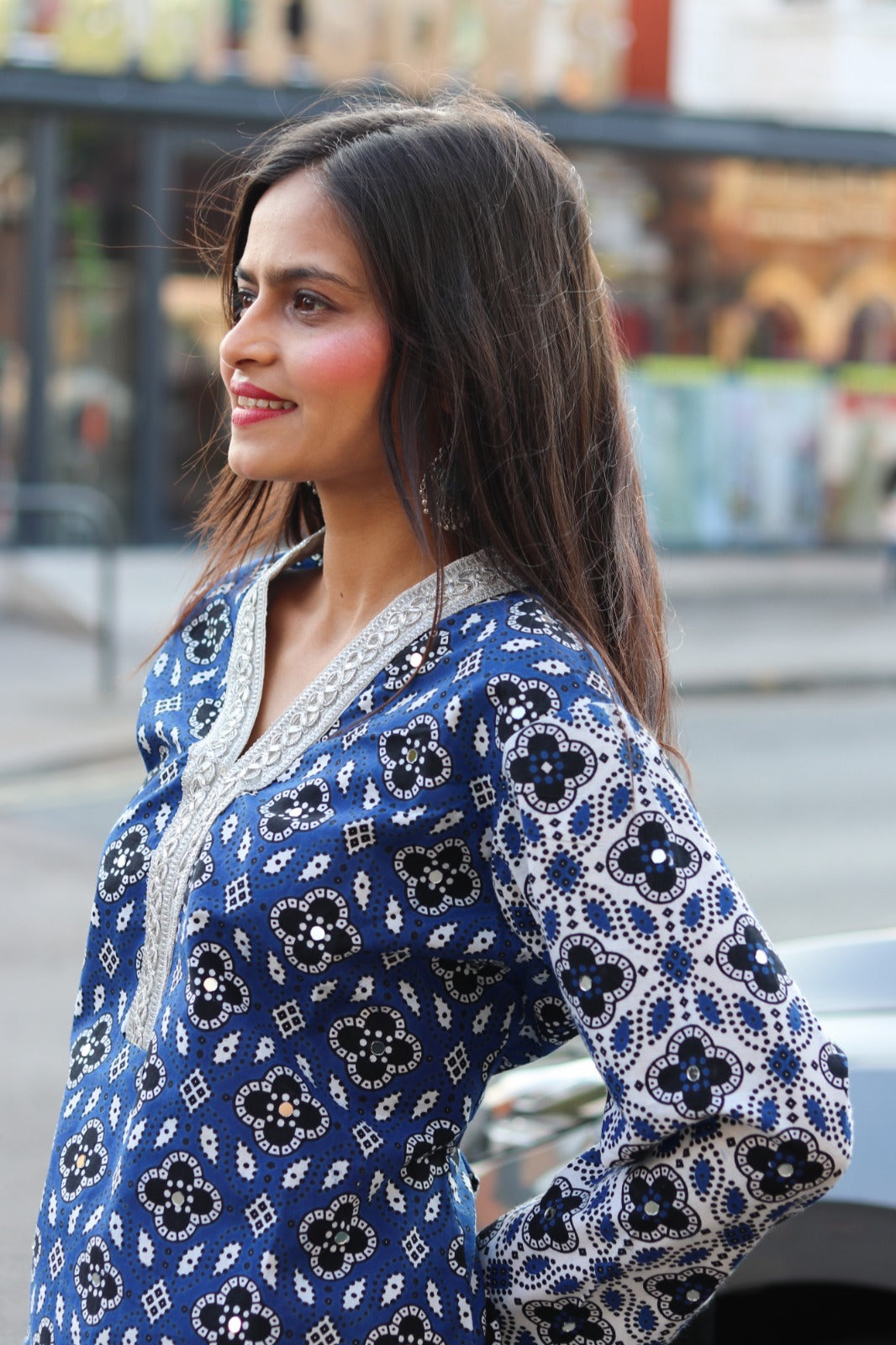 Traditional Ajrak Sindhi Kurta/Dress - Blue/White