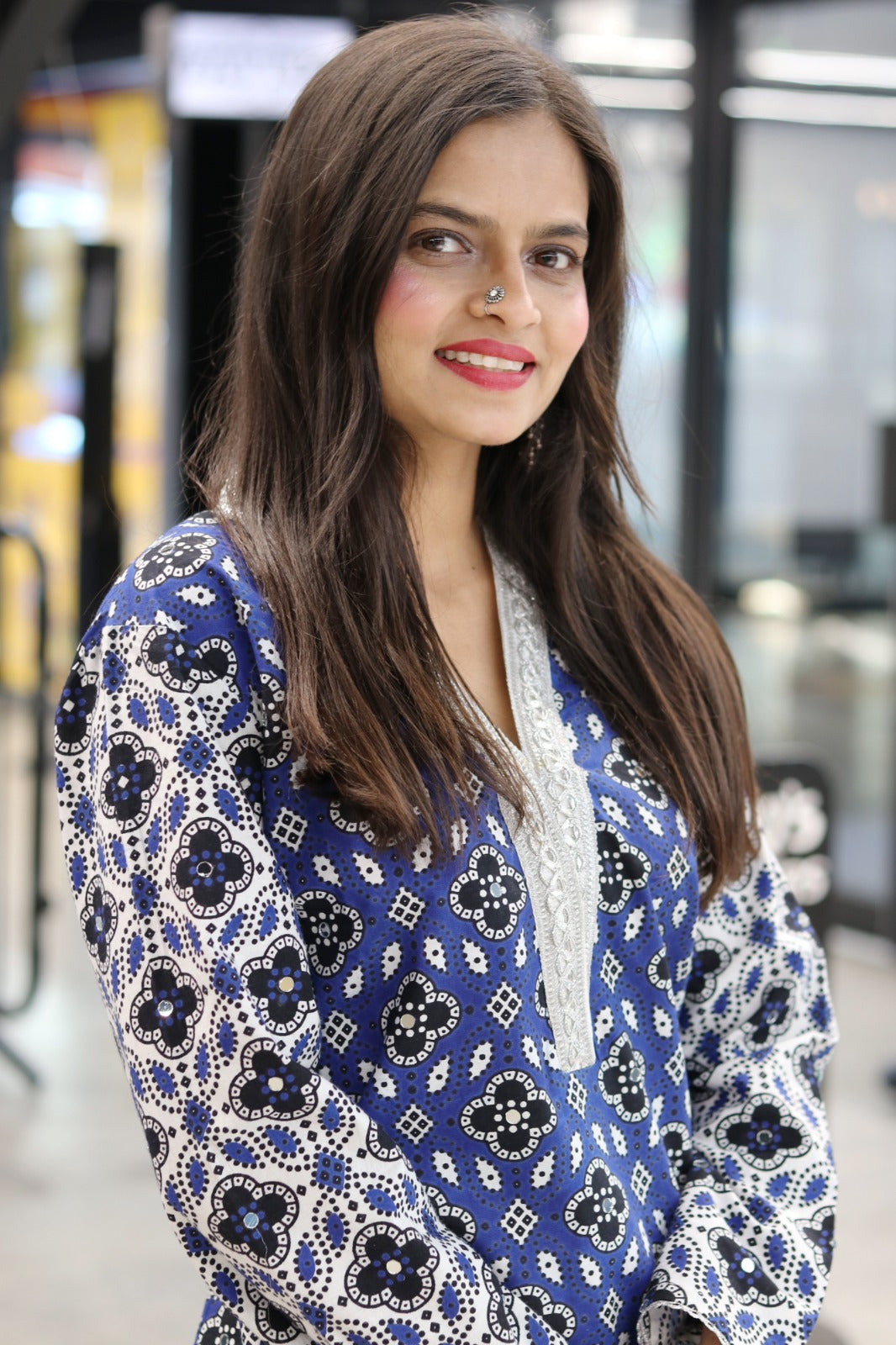 Traditional Ajrak Sindhi Kurta/Dress - Blue/White